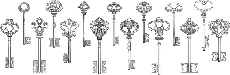 keys set of different shape ornament and secrecy in vintage style isolated vector illustration