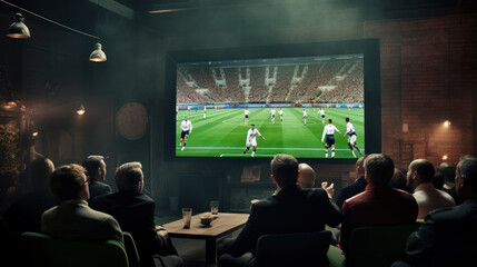 Group of Soccer Fans Watching a Live Football Match in a Sports Bar. People Standing in Front of a TV, Cheering for Their Team. Player Scores a Goal and Crowd Celebrate Winning the Championship.