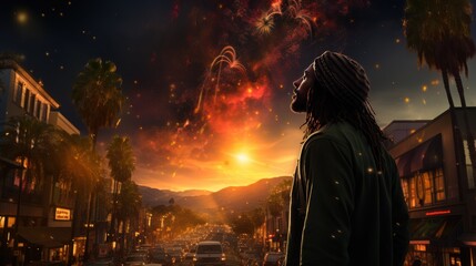 A high-resolution image of a Rasta man walking down to a vibrant city street from the night sky heaven galactic gates.