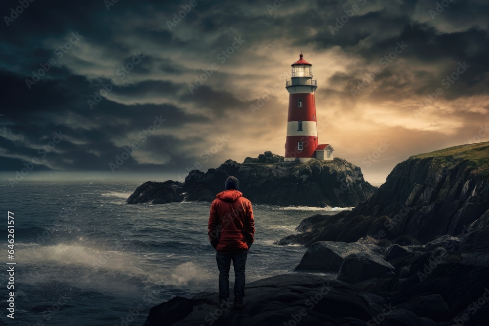 Poster a man in a red jacket looks at the lighthouse.