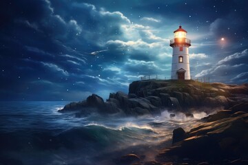 Lighthouse on an island with clouds in the sky.