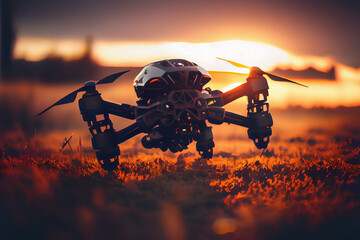 Drone flying at sunset. Qudrocopter in sky. Created with Generative AI technology