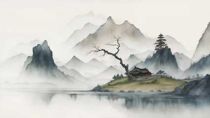 Foto op Canvas Traditional Chinese house hill scenery landscape watercolor painting wallpaper oriental background © creatived4u