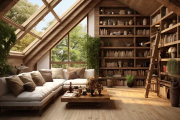 Poster Corner sofa and rustic coffee table against wood lining wall with book shelves, scandinavian home interior design of modern living room in attic. © radekcho