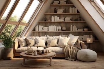 Fototapeta na wymiar Corner sofa and rustic coffee table against wood lining wall with book shelves, scandinavian home interior design of modern living room in attic.
