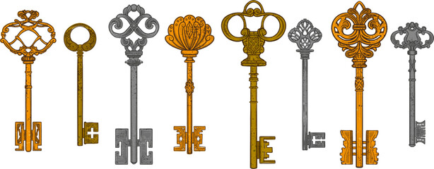 Colorful keys set of different shape ornament and secrecy in vintage style isolated vector illustration