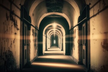 Fototapeta premium A long corridor in the old prison. A gloomy interior with shabby walls. A dilapidated, abandoned building, a dreadful, hopeless backdrop. AI generated