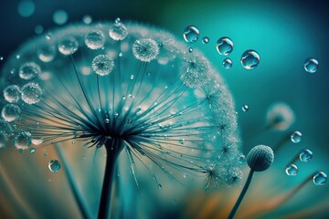 Dandelion flower after the rain. Water drops on fluffy seeds, macro effect. Romantic background. Generated AI.