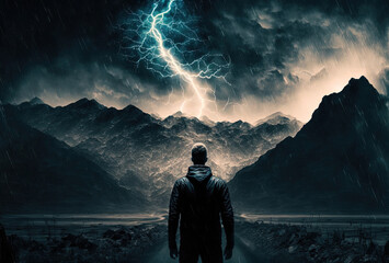 A man stands with his back to the high mountains and a stormy night sky. Bright flashes of lightning illuminate the man's silhouette.  AI generated