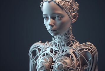 Mechanical android girl, a tangle of wires and technical elements. Humanoid robot woman, complex sci-fi model. White cyberpunk character on dark background. AI generated.