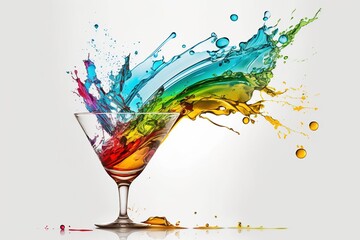 A splash of multicolored liquid in a clear glass. Explosion and splashing cocktail. Abstract illustration on white background. AI generated.