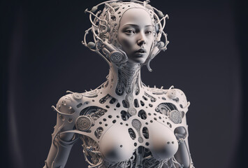 Mechanical android girl, a tangle of wires and technical elements. Humanoid robot woman, complex sci-fi model. White cyberpunk character on dark background. AI generated.