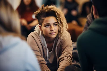 Photo sur Plexiglas Stockholm Teenage boy consoling female friend while in support group circle, Multiracial teenagers sitting consoling in group therapy