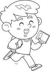 Outlined School Boy Cartoon Character Goes To School With A Backpack And A Textbook. Vector Hand Drawn Illustration Isolated On Transparent Background