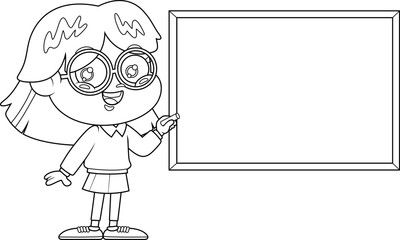 Outlined Smiling School Girl Cartoon Character Writing On Blackboard. Vector Hand Drawn Illustration Isolated On Transparent Background