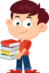 Cute School Boy Cartoon Character Holding Stack Of Textbooks. Vector Illustration Flat Design Isolated On Transparent Background