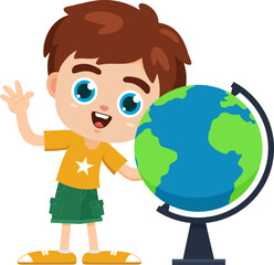 Happy School Boy Cartoon Character Showing The Globe. Vector Illustration Flat Design Isolated On Transparent Background