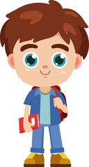 Happy School Boy Cartoon Character With Backpack And Textbook. Vector Illustration Flat Design Isolated On Transparent Background