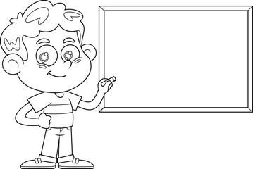 Outlined Smiling School Boy Cartoon Character Writing On Blackboard. Vector Hand Drawn Illustration Isolated On Transparent Background