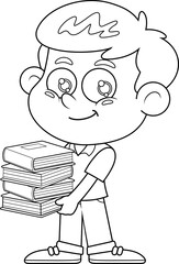 Outlined Cute School Boy Cartoon Character Holding Stack Of Textbooks. Vector Hand Drawn Illustration Isolated On Transparent Background