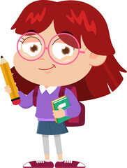 School Girl Cartoon Character With Backpack And Textbook Holding A Pencil. Vector Illustration Flat Design Isolated On Transparent Background