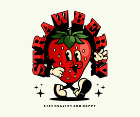 Vintage illustration Retro Poster cartoon character of strawberry Graphic Design for T shirt Street Wear and Urban Style