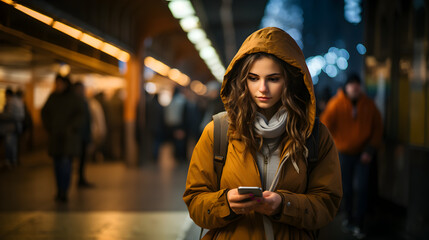 woman using smart phone while waiting at railroad station