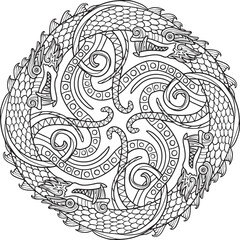 Scandinavian Viking design. Ancient decorative dragon in Celtic style, Scandinavian knot-work illustration, isolated on white, vector illustration