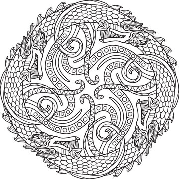 Scandinavian Viking design. Ancient decorative dragon in Celtic style, Scandinavian knot-work illustration, isolated on white, vector illustration