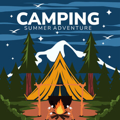 Camping summer adventure flyer outdoor recreation with tent bonfire vector illustration