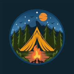 Camping tent illustration with mountains forest for logo badges poster emblem