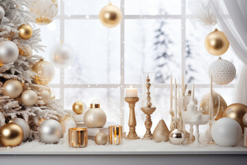 Luxury Christmas background with gift boxes, ornament decorations and white golden warm tone, happy new year celebration, Xmas festive design scene.