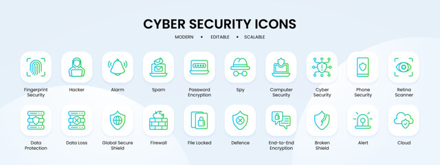 Cyber security icon collection with blue and green gradient outline style. security, data, cyber, protection, safety, technology, secure. Vector Illustration