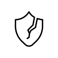 Broken shield cyber security icon with black outline style. shield, security, protection, broken, safety, symbol, crack. Vector Illustration