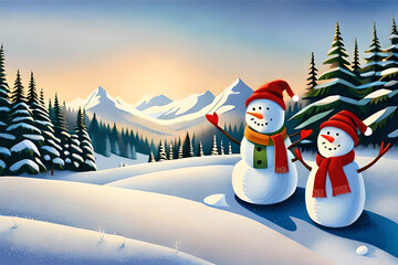 Obraz premium a whimsical and playful illustration of a snowman family enjoying a day of sledding and building snow forts | Generative AI