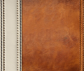 Horizontal or vertical leather background of brown color with decorative braided edging and border of ivory color. Decorative backdrop with cowhide texture. Copy space for text