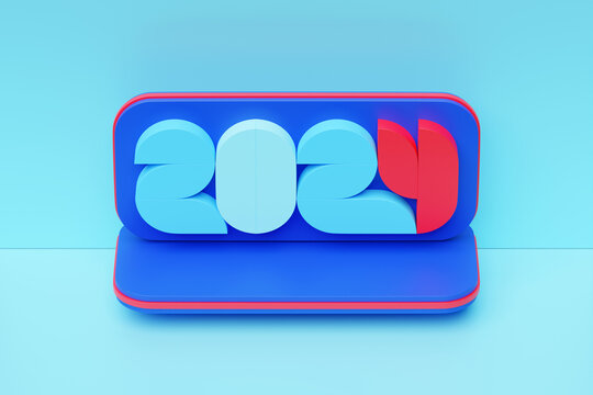Welcome creative concept 2024. Happy New Year 2024. Outstanding 3D text on blue background, 3D illustration