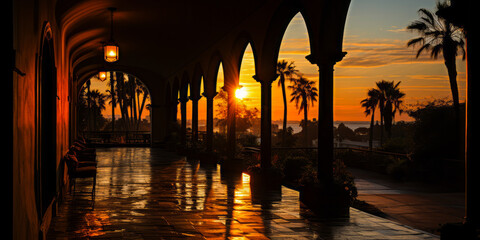 Captivating silhouette of a traditional Mexican hacienda under the warm glow of lanterns against a serene twilight sky.