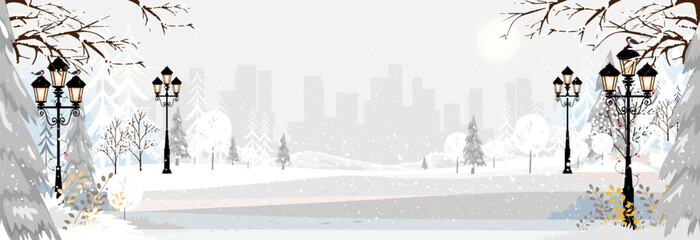 Christmas background,Winter landscape with snowy in city park.Vector cartoon horizon scenery winter wonderland with blizzard in the town at night,Panoramic banner urban outdoor for New Year Background