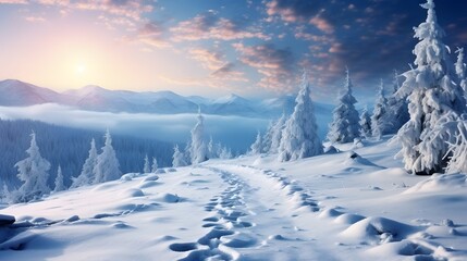 Fantastic winter landscape and trodden trails that lead into the mountains. In anticipation of the holiday. - obrazy, fototapety, plakaty