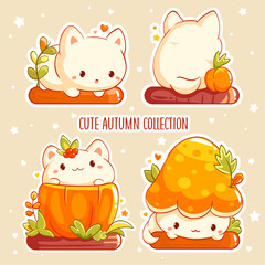 Hello autumn. Set of little kitty in kawaii style. Tiny baby cat in multiple poses. Cute kitten expression sheet collection. Can be used for t-shirt print, sticker, greeting card