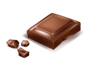 Chocolate. Pieces, shavings. 3D realistic vector set, horizontal and vertical splash of chocolate
