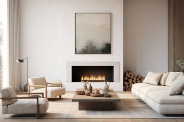 Brown leather chairs and grey sofa in room with fireplace. Mid-century style home interior design of modern living room.