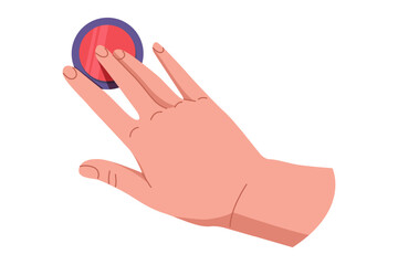 Hand pushing and pressing button. Finger pressing button. Turn on and off. Launch, start, control concept. Vector illustration EPS10