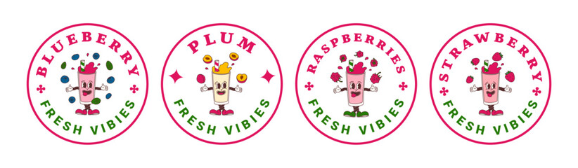 Set of stickers characters of fruit drink from passionfruit, strawberry, raspberry, blueberry, plum. Isolated vector labels of mascots in groovy comic style on transparent background