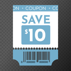 Coupon save 10 dollars.Promotion sale. Coupon fashion ticket card. Coupon discount. Vector illustration EPS10