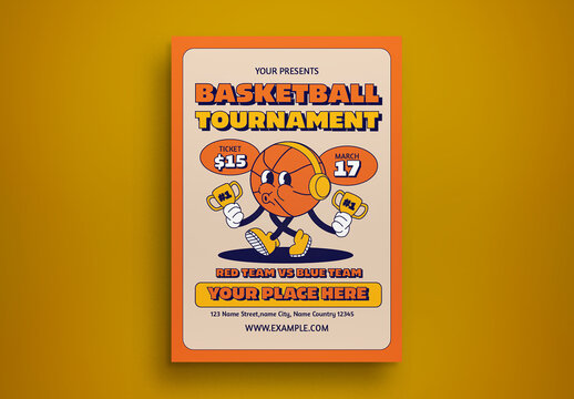 Orange Cartoon Basketball Tournament Flyer Layout
