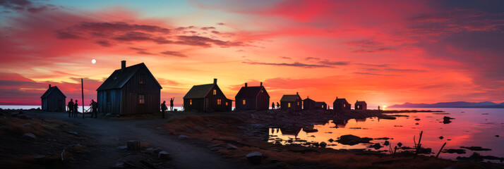Moonlit silhouette of colorful wooden houses in a tranquil Greenlandic village, evoking a sense of Arctic adventure and indigenous heritage.