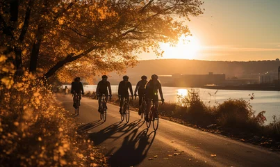 Tuinposter Group of people ride bicycles at beautiful view of country road, Cycling group training in the morning. © Mangsaab