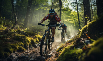Mountain Bike cyclist riding mountain bike with friends along a trail in a misty forest. - Powered by Adobe